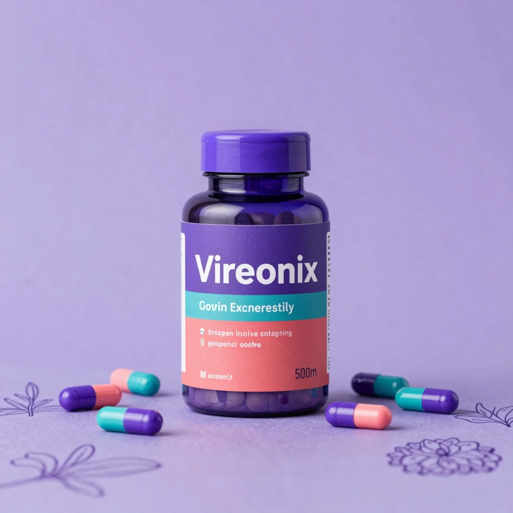 Vireonix supplement bottle illustration with purple teal and coral branding